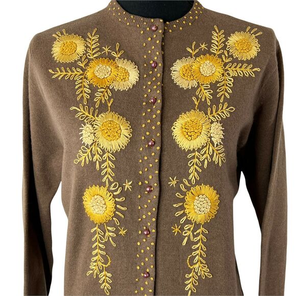 Vintage Knit Cardigan Dark Brown Wool Blend Hand Embroidered‎ Yellow Flowers S/M - Picture 8 of 12